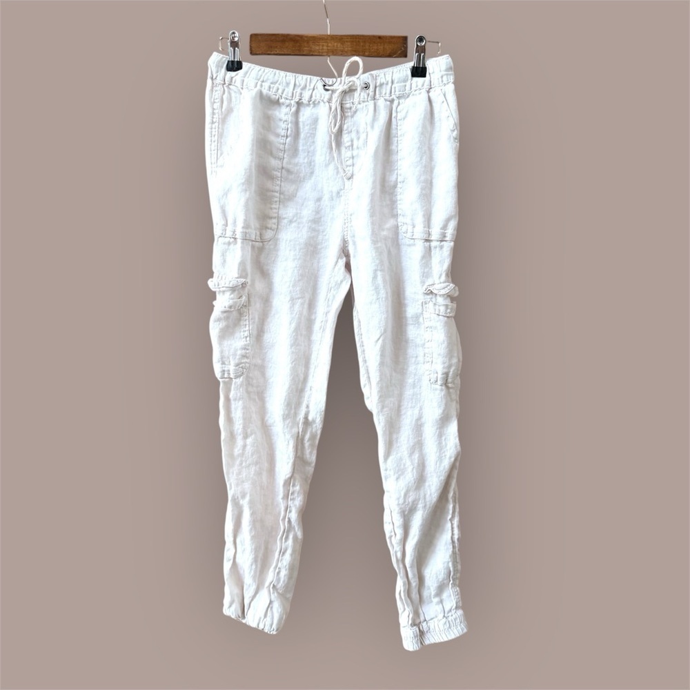 Nicole Miller New York 100% Linen cargo pants tie waist elastic ankle beach